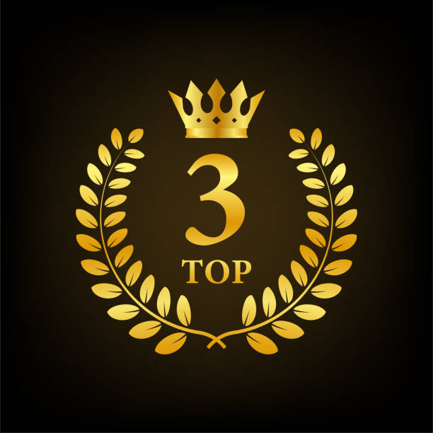 상위 3 개 라벨. 황금 월계수 화환 아이콘. 벡터 스톡 일러스트레이션입니다. - ranking rank number financial figures stock illustrations