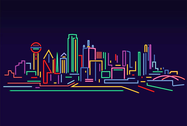 Dallas neon lighting skyline vector art illustration