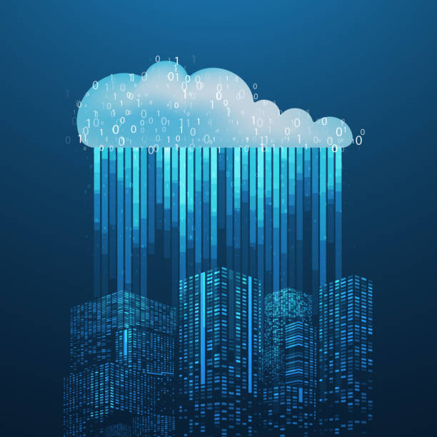 Abstract futuristic smart city Abstract futuristic smart city, connected to cloud storage of big data. Digital computer code. Data transfer concepts in internet. Graphic concept for your design rain silhouettes stock illustrations