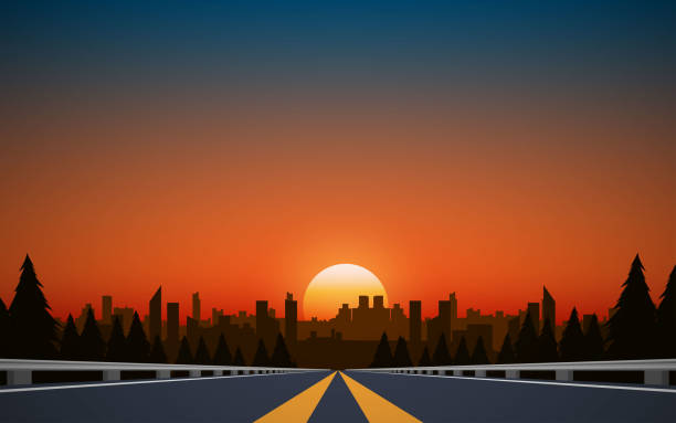 black and white room landscape of road to city in the mountain in sunset sunset stock illustrations