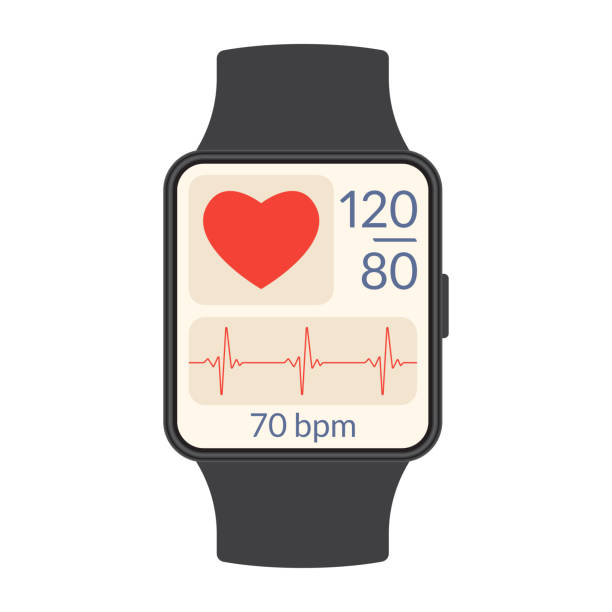 Smart watch with heartbeat rate or pulse tracker app and blood pressure monitor. Fitness application deign for smartwatch. Health care check with Heart beat line and Pulse trace. Vector illustration. Smart watch with heartbeat rate or pulse tracker app and blood pressure monitor. Fitness application deign for smartwatch. Health care check with Heart beat line and Pulse trace. Vector illustration. wrist exercise stock illustrations