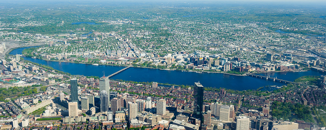 Iconic aerial view of Boston and Cambridge, MA, USA