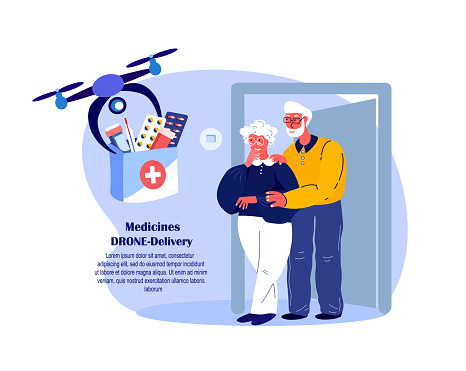 Drone Delivery.Retired Couple Old Woman Receive Contactless Delivery First Aid Kit,Remotely Piloted Flying Aircraft.Medicament,Drugs,Remedy.Aged Pensioners. Buy,Receive Parcel.Flat Vector Illustration