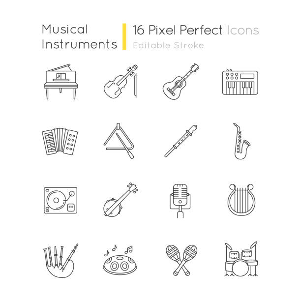 illustrations, cliparts, dessins animés et icônes de ensemble d’icônes linéaires parfaites de pixel d’instrument d’orchestre - bagpipe