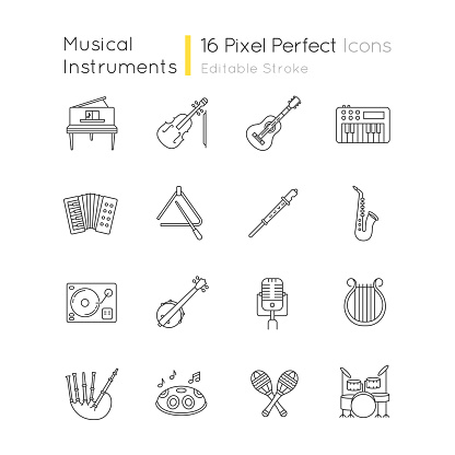 Orchestral instrument pixel perfect linear icons set. Live classical music concert. Band performance. Customizable thin line contour symbols. Isolated vector outline illustrations. Editable stroke