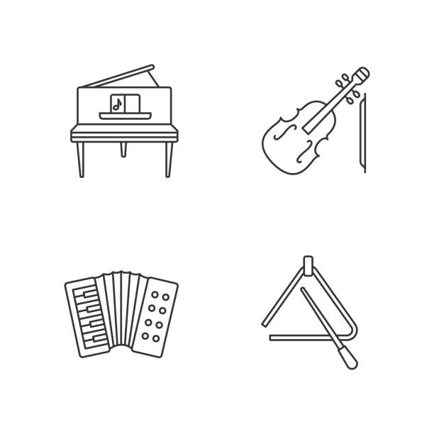 ilustraciones, imágenes clip art, dibujos animados e iconos de stock de diseño musical píxeles perfectos iconos lineales establecidos - acordeon