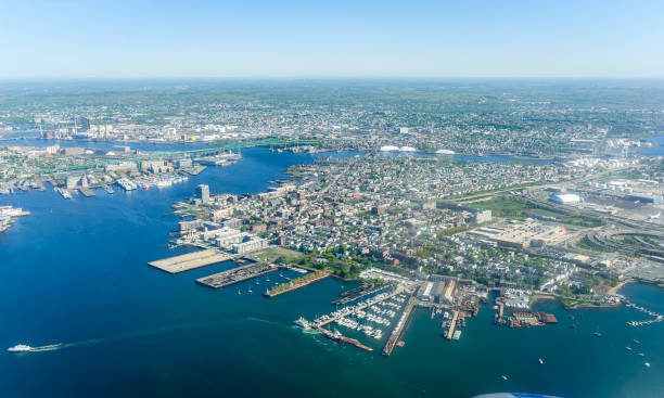 Jeffries Point, East Boston Iconic aerial view of Boston, MA, USA east boston stock pictures, royalty-free photos & images