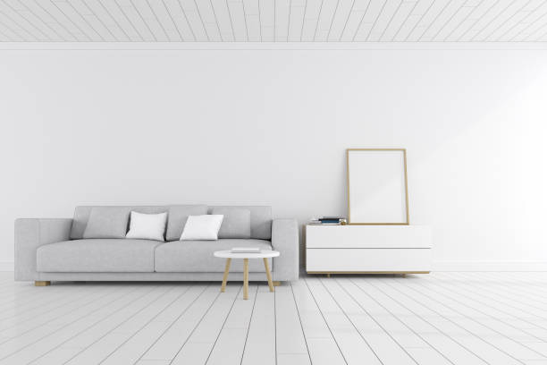 istock Modern interior design with sofa and blank picture frame on small cabinet. 3D rendering. 1256276300