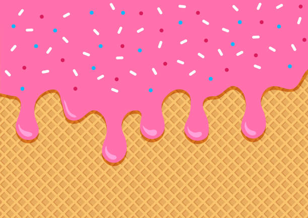 ilustrações, clipart, desenhos animados e ícones de fundo de waffle de frutas com sorvete rosa fluindo para baixo, wafer texturizado. vetor - backgrounds berry close up dessert