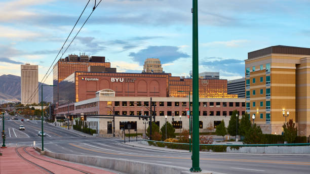 Panoramic view the city downtown with BYU Salt Lake Center at sunset. Salt Lake City, USA - October 23, 2016: Panoramic view the city downtown with BYU Salt Lake Center at sunset. brigham young university stock pictures, royalty-free photos & images