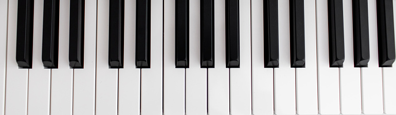 musical keyboard isolated, top view. wide frame.
