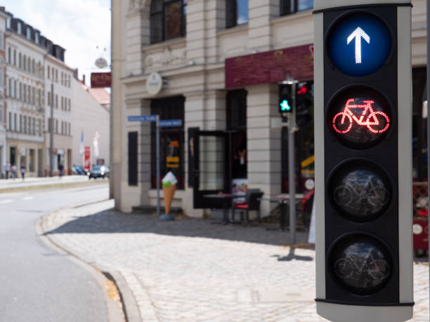 istock Bicycle traffic light stands on red road traffic 1256280322