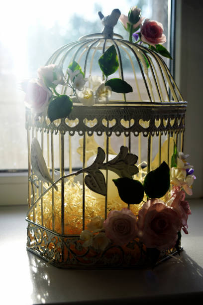 istock Bird cage with spring blossom flowers. Wedding decorations. 1256280357