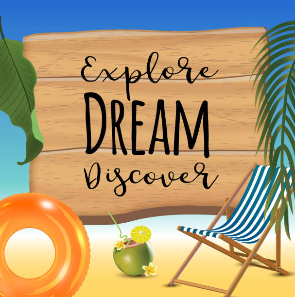 istock Explore dream discover typography inscription with parasol, chaise launge and coconut coctail on beach background. Realistic sun flare. 1256280480