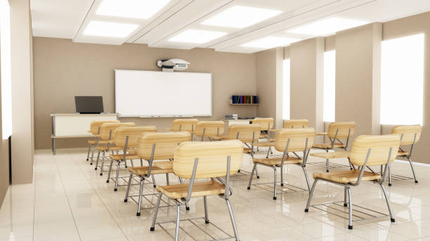 istock Wooden student chairs arranged in a row inside modern classroom 1256282007