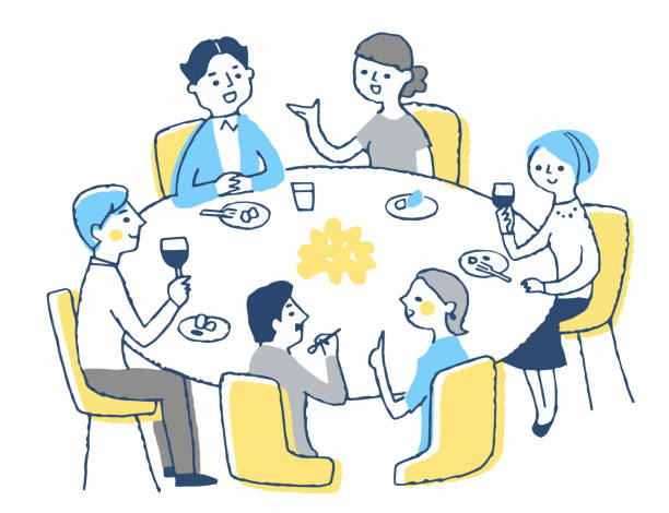 원탁에서 식사를 하는 사람들 - asian ethnicity japan asia restaurant stock illustrations