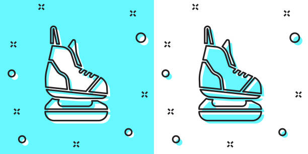 ikona czarnej linii skates izolowana na zielonym i białym tle. ikona butów do rolek. sportowe buty z ostrzami. losowe kształty dynamiczne. ilustracja wektorowa - ice hockey ice skate equipment black stock illustrations