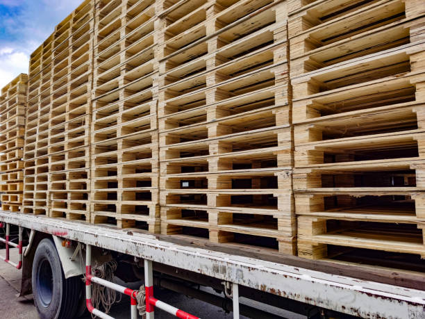 istock Worker driving forklift to loading and unloading wooden pallets from truck to warehouse cargo storage, shipment in logistics and transportation industrial, wood pallets stack 1256284359