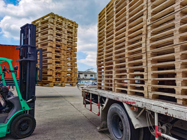 istock Worker driving forklift to loading and unloading wooden pallets from truck to warehouse cargo storage, shipment in logistics and transportation industrial, wood pallets stack 1256284370