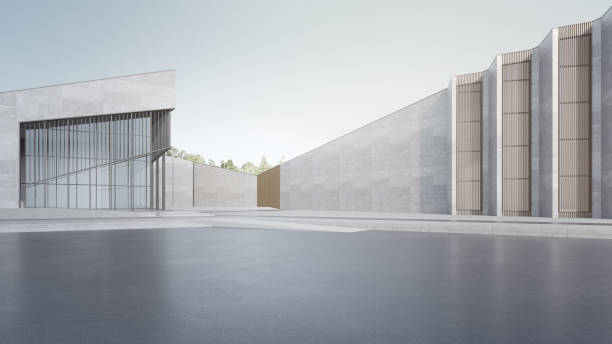 Empty concrete floor and gray wall. 3d rendering of modern building with clear sky background. white buildings stock pictures, royalty-free photos & images