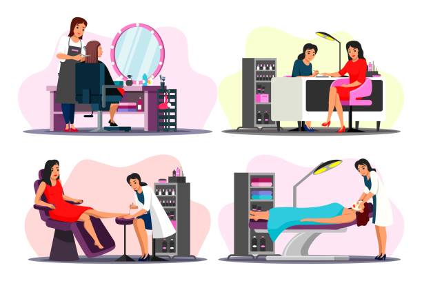 ilustrações de stock, clip art, desenhos animados e ícones de vector character illustration of beauty salon scenes set - toenail hair salon cosmetics make up