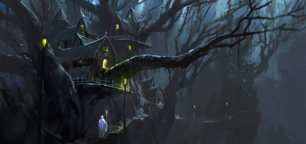 istock The magician walks between the magical tree houses, digital painting. 1256287241