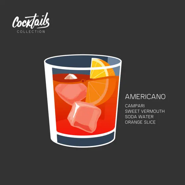 Vector illustration of Americano Negroni cocktail vector illustration ice orange slice