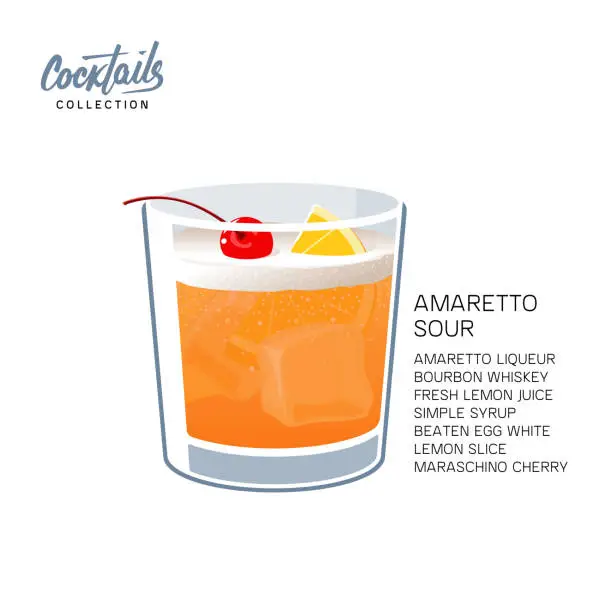 Vector illustration of Amaretto sour cocktail drink lemon cherry vector illustration