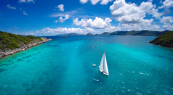 Aerial view of sailboat sailing by Lavango Cay, St. John, United States Virgin Islands