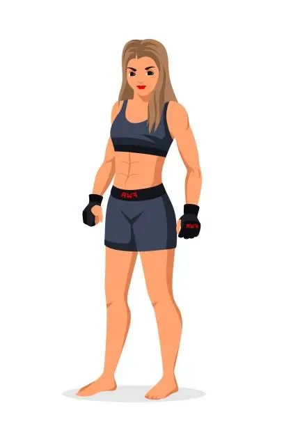 Vector illustration of Vector mixed martial arts woman wrestler wearing sportswear standing isolated on white background. Caucasian sportswoman. Boxing champion fighter character.