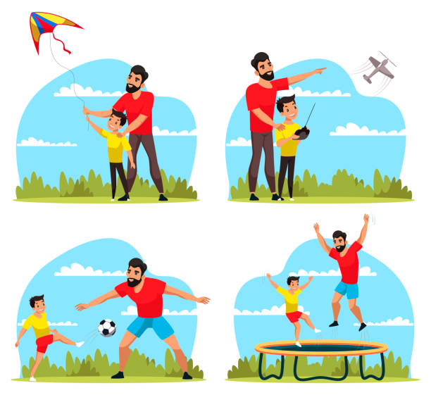 bildbanksillustrationer, clip art samt tecknat material och ikoner med glad far och son tillbringar helgen tillsammans som - flying kite