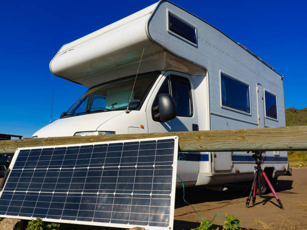 istock Solar photovoltaic panel at camper caravan 1256290223