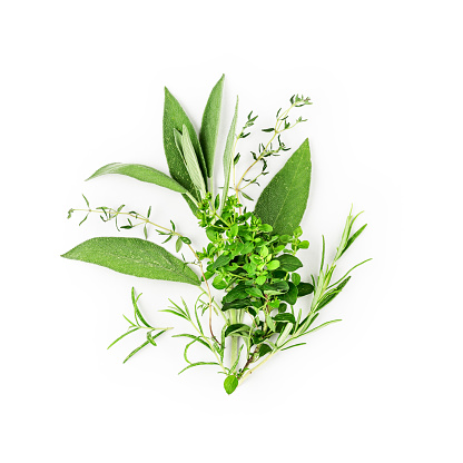 Rosemary, marjoram, sage and thyme arrangement. Creative composition with fresh herbs bunch on white background. Top view, flat lay. Floral design. Healthy eating and alternative medicine concept