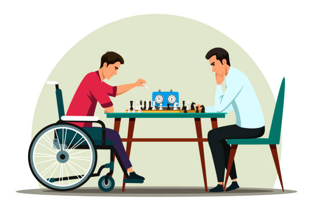 behinderter mann im rollstuhl spielt schach mit freund - men chair wheelchair sport stock-grafiken, -clipart, -cartoons und -symbole