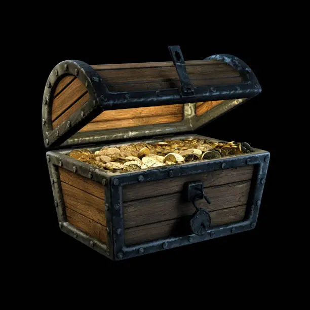 Old wooden Pirate chest with pirate golden coins isolated on black. 3d rendering.