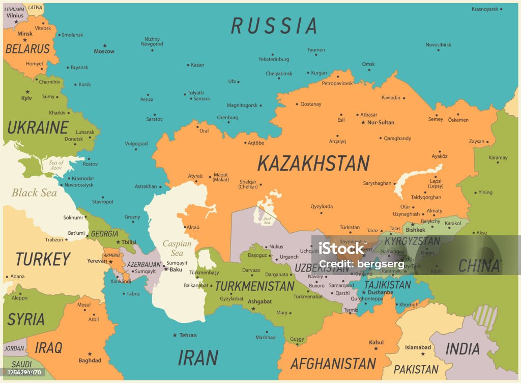 Kuvapankin kuvitus otsikolla Kaukasuksen Ja Keskiaasian Kartta Vektorikuva  Kazakstanin Georgian Turkin Ja Venäjän Maantieteellisten Rajojen Kanssa –  Lataa kuva nyt - iStock