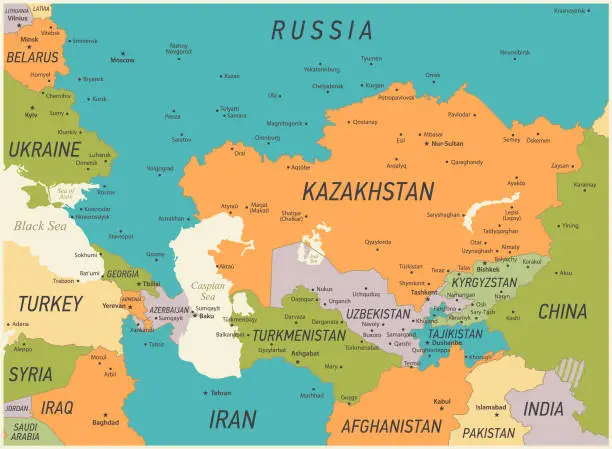 Vector illustration of Caucasus and Central Asia Map. Vector Illustration with Kazakhstan, Georgia, Turkey and Russia Geographical borders