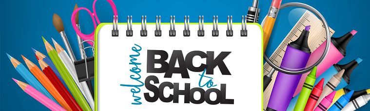 Back to School banner or header. Education stationery supplies for students and teachers on blue background. 3d realistic illustration.
