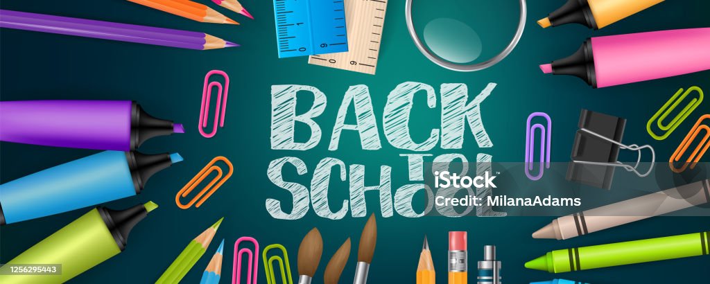Back To School Banner Or Header Education Stationery Supplies For Students  And Teachers On Blue Background 3d Realistic Illustration Stock  Illustration - Download Image Now - iStock