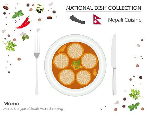 Nepali Cuisine. Asian national dish collection. Momo isolated on white, infograpic. Vector illustration