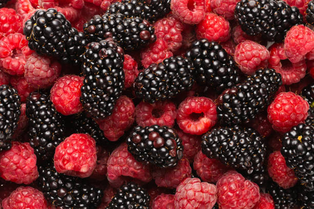 istock Tasty raspberry and blackberry background. 1256299553
