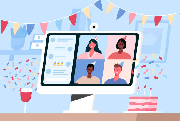 Online internet party, birthday, meeting friends. Birthday celebration in quarantine mode. Friends have fun in a video conference,chat. People drink wine together in quarantine. Vector illustration. Online internet party, birthday, meeting friends. Birthday celebration in quarantine mode. Friends have fun in a video conference,chat. People drink wine together in quarantine. Vector illustration virtual birthday celebration stock illustrations