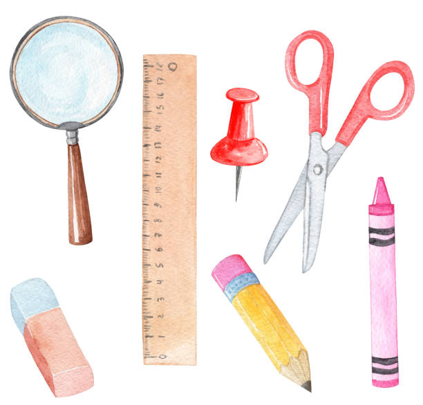 akwarela szkolna papeterii izolowane na białym tle - scrapbooking office supply art and craft equipment scissors stock illustrations