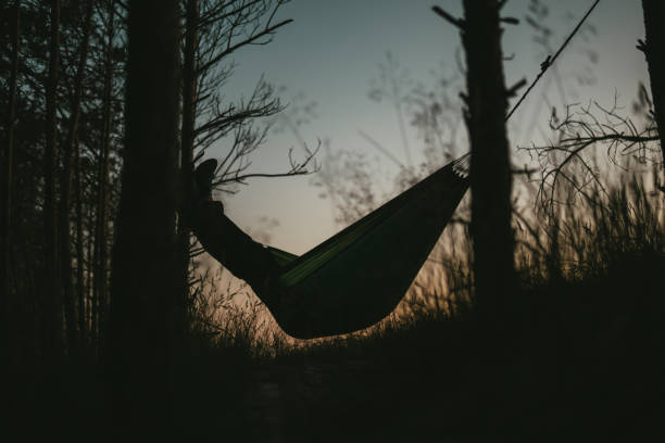 Man relaxing in hammock. Forest camp at dawn