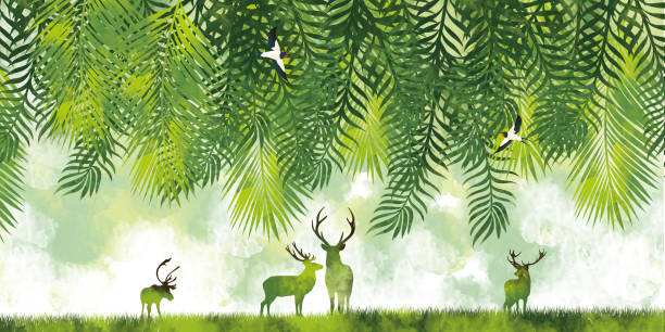 3d modern art mural wallpaper with Jungle , forest background . green deer, black christmas tree , with white birds . Suitable for use as a frame on walls .