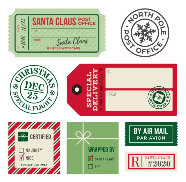 Vector illustration of Christmas Gift Tags and Mailing Labels Rubber Stamps.