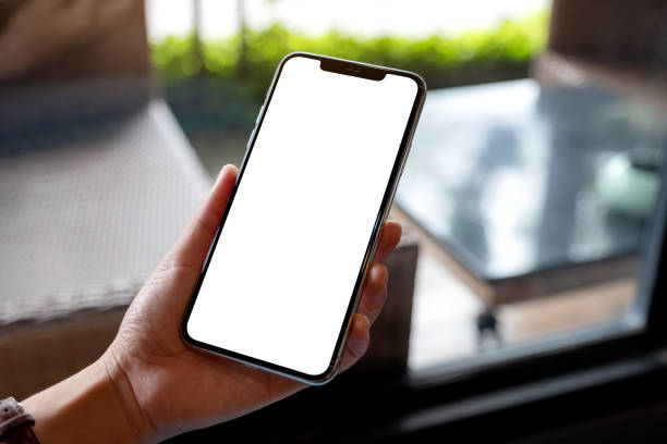 istock a woman holding mobile phone with blank white desktop screen 1256309069