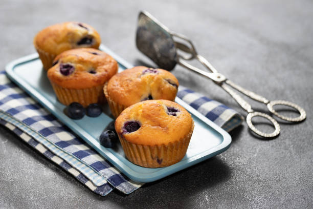 istock Homemade vanilla muffins with blueberries on a dark concrete background 1256310633