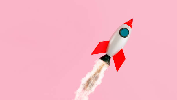 Small space ship flys like a rocket through the air Launch of a space ship. The shuttle travels up in the air. Concept of launching something new with success. spaceship photos stock pictures, royalty-free photos & images