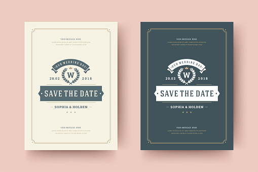 Wedding save the date invitation card vector illustration. Wedding invite title with decoration vintage design.